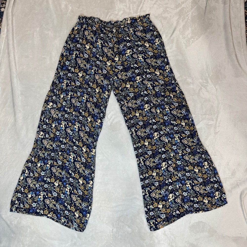 Maurices Womens Navy Blue Floral Wide Leg Tiered Boho Paperbag Waist‎ Pants